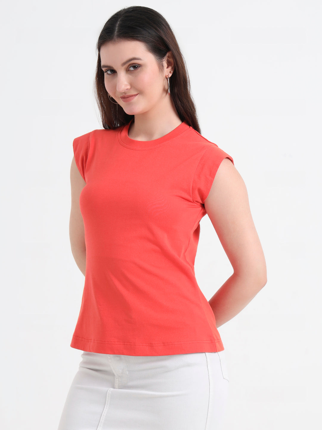Round Neck Cap Sleeves Cotton T-shirt