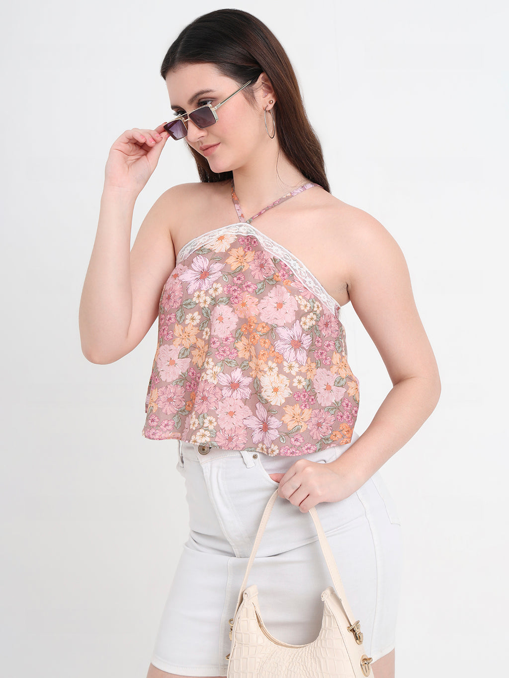 Floral Print Halter Neck Crop Top