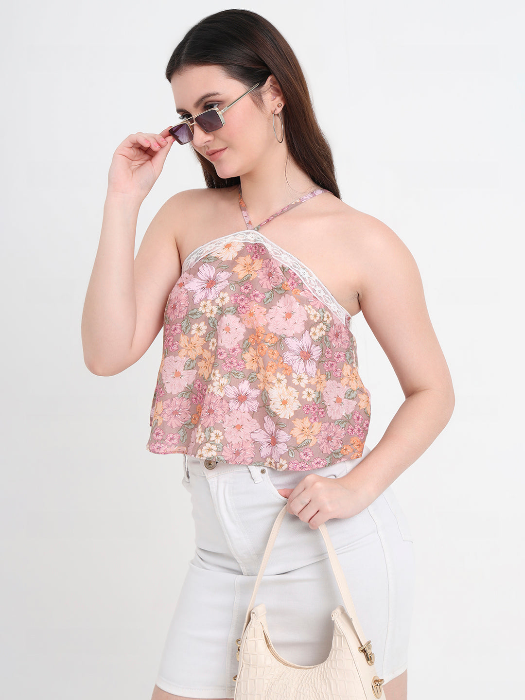 Floral Print Halter Neck Crop Top