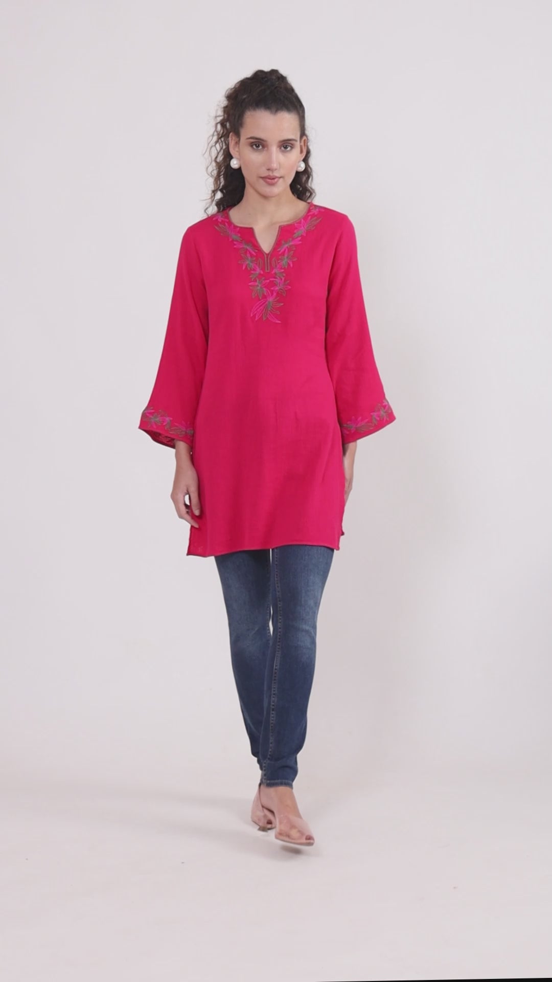 Floral Embroidered Cotton Pink kurti
