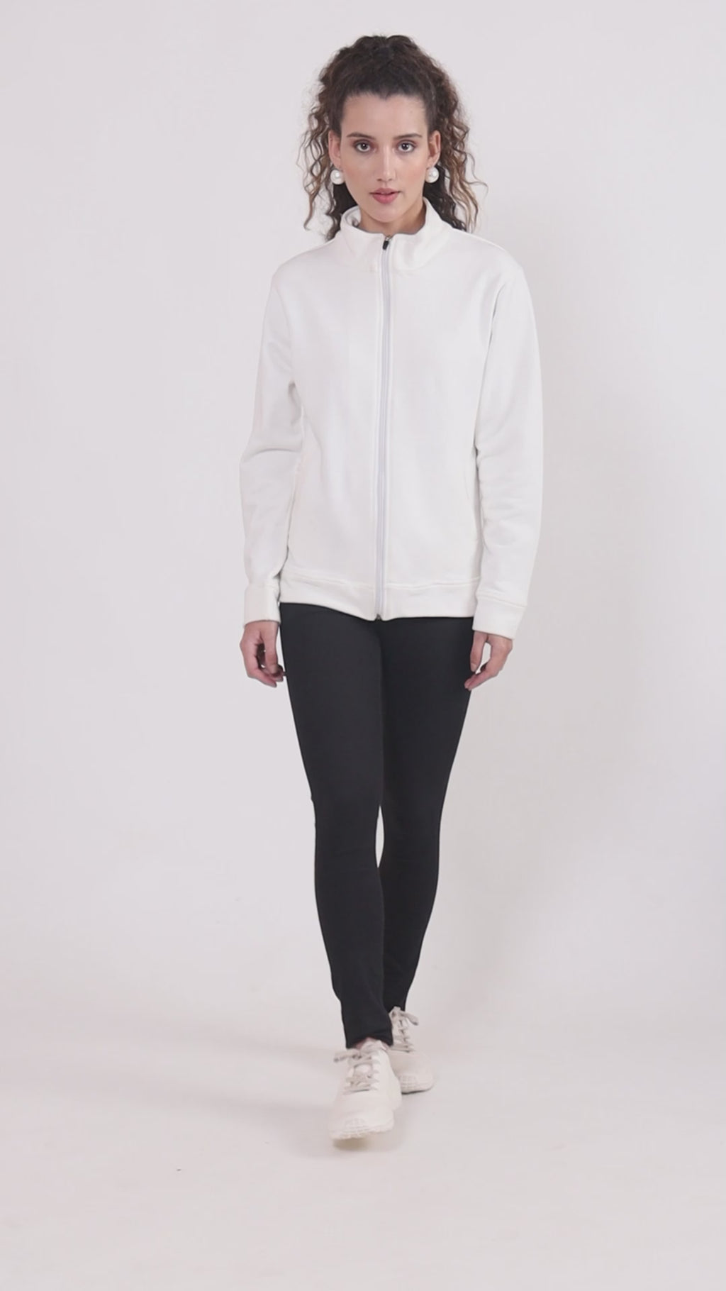 Women Mock Collar White Bomber Jacket