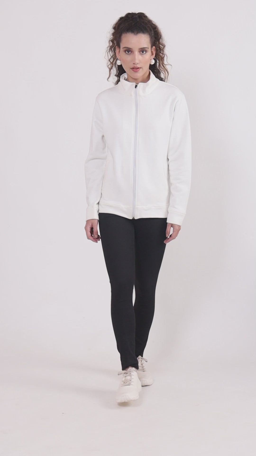 Women Mock Collar White Bomber Jacket