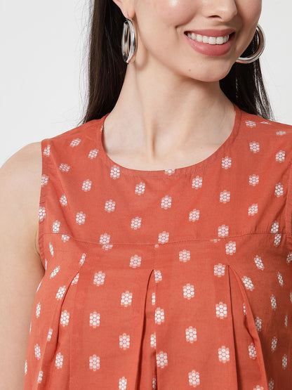 Rust & White Floral Print Top