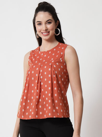 Rust & White Floral Print Top