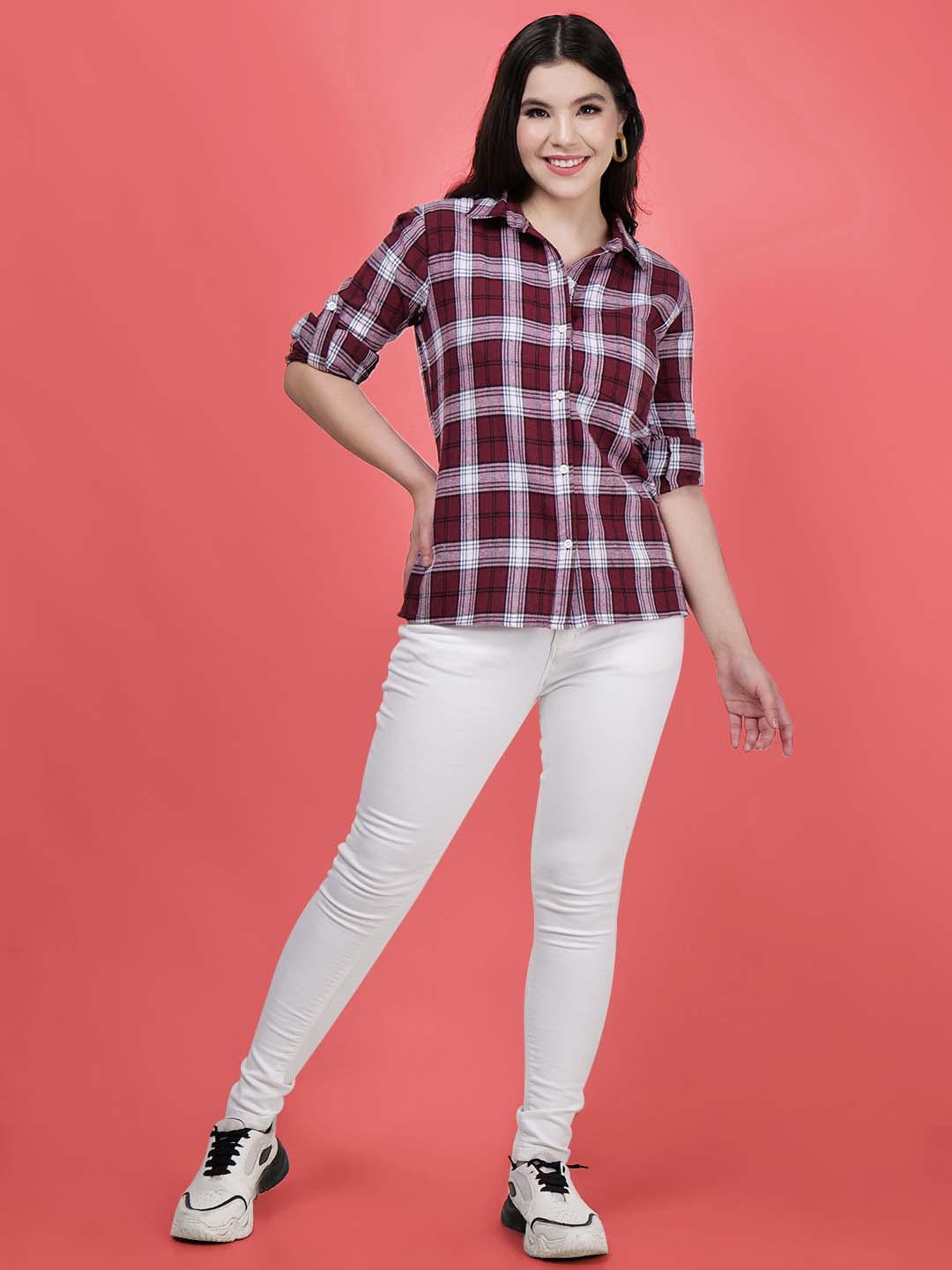 Women s Maroon Check Cotton Shirt Stylish Comfortable Casual Wear Charmgal CHARMGAL