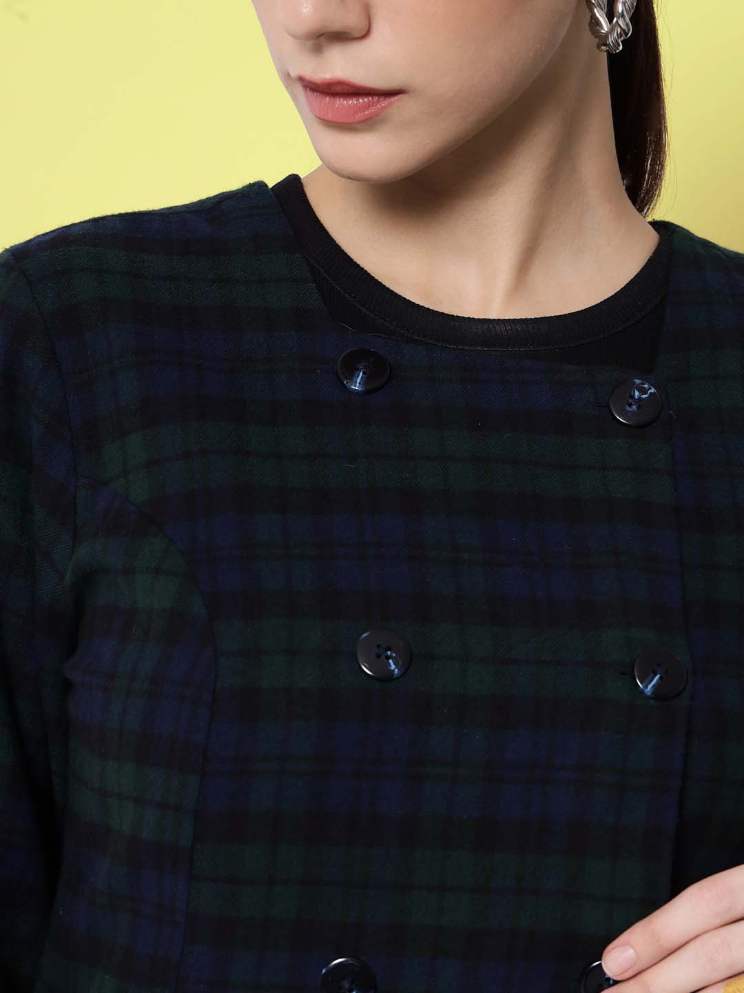 Women Blue & Green Checked Pure Cotton Overcoat