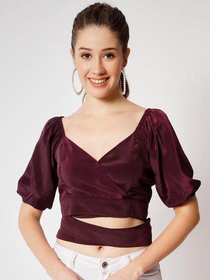 Puff Sleeves Crepe Cut Out Wrap Crop Top