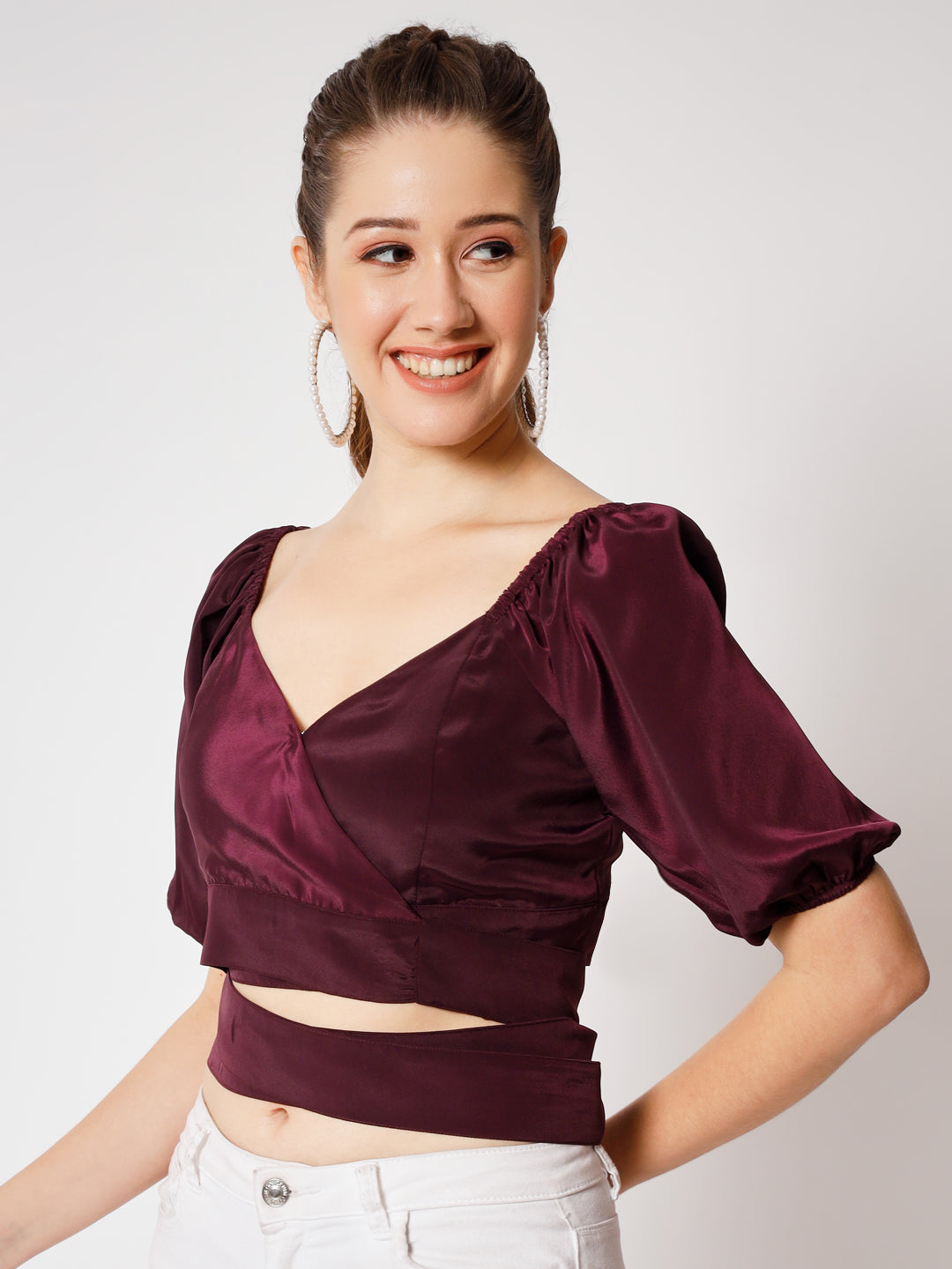 Puff Sleeves Crepe Cut Out Wrap Crop Top